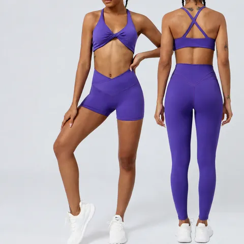 Women Activewear Yoga Suit Set High Waist Hip Lifting Fitness Running Sports Top And Bottom Nylon Spandex