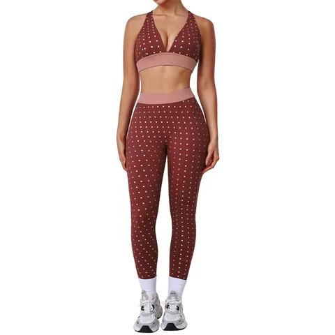 Women's Yoga Set Polka Dot Printed Sports Bra And High Elastic Leggings Athletic Two Piece Activewear