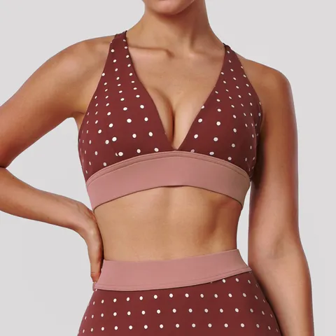 Soutien-Gorge de Sport pour Femmes Pois Dos Croisé Haute Élasticité Nylon Fitness Entraînement Haut de Gym