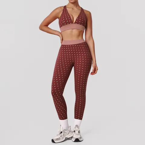 Women's Yoga Set Polka Dot Printed Sports Bra And High Elastic Leggings Athletic Two Piece Activewear