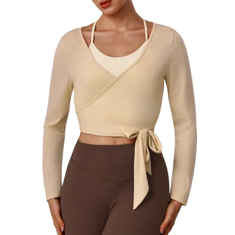 Ensemble de Yoga Sportif pour Femmes Cardigan Portefeuille Manches Longues Col V avec Caraco Slim Fit Fitness Entraînement Tenue Deux Pièces