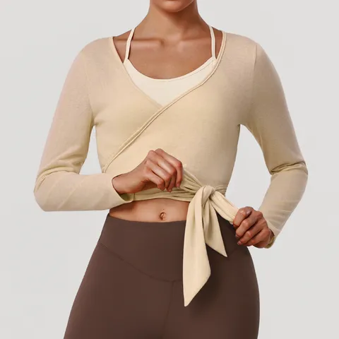 Ensemble de Yoga Sportif pour Femmes Cardigan Portefeuille Manches Longues Col V avec Caraco Slim Fit Fitness Entraînement Tenue Deux Pièces