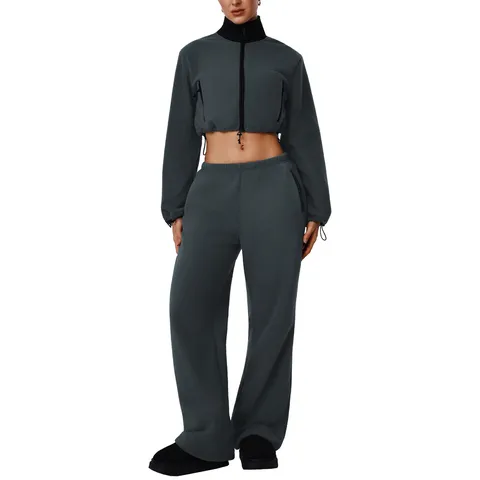 Women's Casual Thickened Double-Sided Polar Fleece Tracksuit Stand Collar Zipper Jacket And Wide-Leg Pants Two Piece Set Winter Warm Activewear