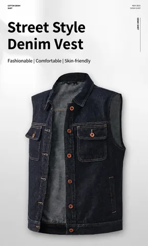 Men's Japanese Retro Solid Color Lapel Denim Vest Loose Casual Sleeveless Multi-Pocket Outerwear Cotton Blend Jacket