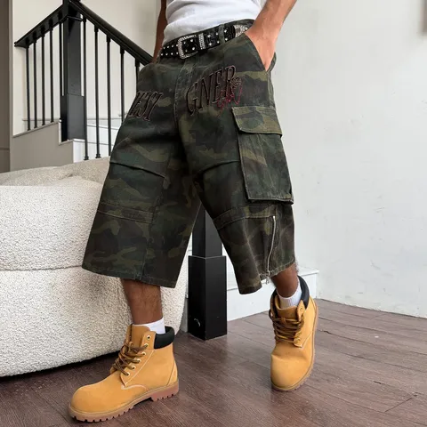 Men's Casual Pure Cotton Camouflage Cargo Shorts Multi-Pocket Embroidered 3/4 Length Shorts