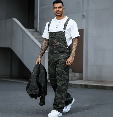 Salopette in Denim Mimetico High Street da Uomo Casual Largo Gamba Dritta Tasche Cargo Streetwear