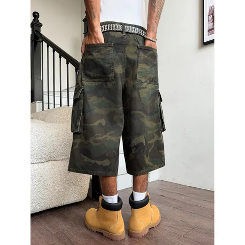 Men's Casual Pure Cotton Camouflage Cargo Shorts Multi-Pocket Embroidered 3/4 Length Shorts