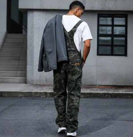Salopette in Denim Mimetico High Street da Uomo Casual Largo Gamba Dritta Tasche Cargo Streetwear