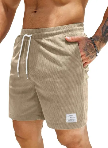 Men's Casual Corduroy Shorts Solid Color Straight Fit Drawstring Summer Five-Point Pants Daily Streetwear Shorts