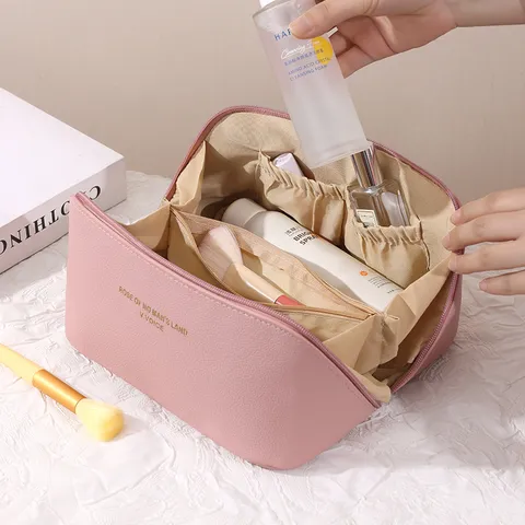 PU Leather Cosmetic Bag Multi-Layer Pillow Toiletry Organizer Waterproof Travel Makeup Pouch With Zipper Handle