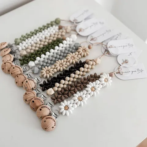 Handmade Silicone Flower Pacifier Clip Baby Soothing Teething Chain Wooden Bead Dummy Holder Infant Anti Drop Strap