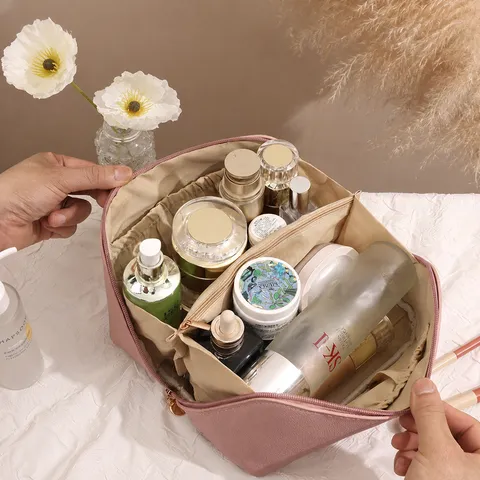 PU Leather Cosmetic Bag Multi-Layer Pillow Toiletry Organizer Waterproof Travel Makeup Pouch With Zipper Handle