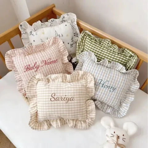 Nordic Style Ramie Cotton Blend Baby Comfort Pillow Ruffle Square Throw Pillow Custom Embroidery Name Sleep Pillow Home Decor
