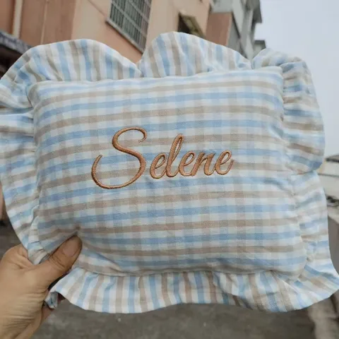 Nordic Style Ramie Cotton Blend Baby Comfort Pillow Ruffle Square Throw Pillow Custom Embroidery Name Sleep Pillow Home Decor