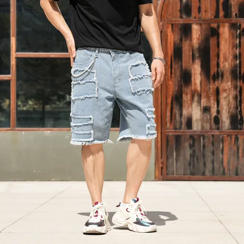 Herren Casual Denim Shorts Sommer Amerikanischer Streetwear Straight Fit Distressed Raw Edge Patch Denim Kurze Hose