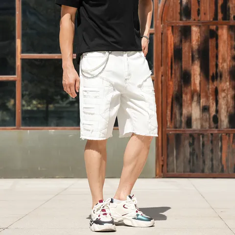 Herren Casual Jeansshorts Amerikanische Streetwear Offene Kante Flicken Kette Sommer Straight Fit Kurze Hose