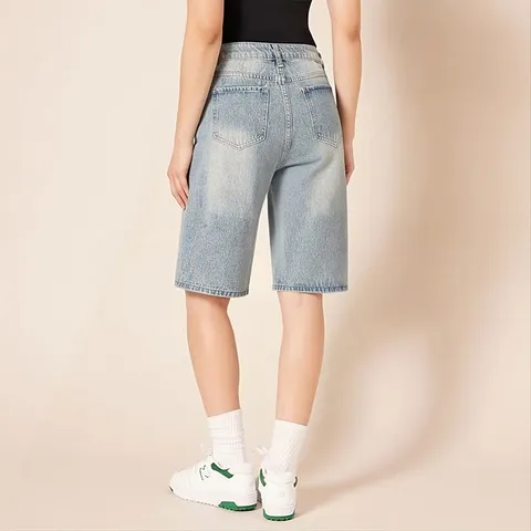 Mujer High Waist Denim Shorts Vintage Washed Loose Straight Leg Casual Five Point Trousers Pocket Denim Cotton Bottoms