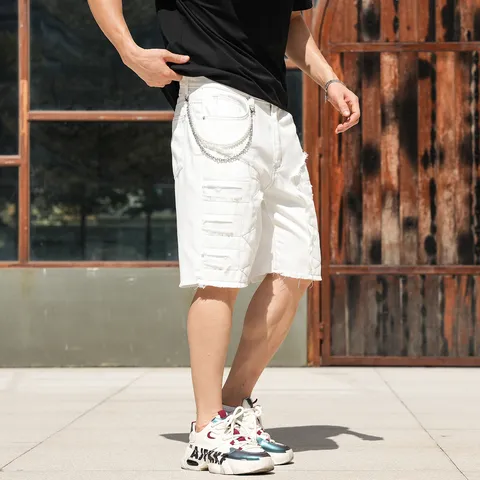 Herren Casual Jeansshorts Amerikanische Streetwear Offene Kante Flicken Kette Sommer Straight Fit Kurze Hose