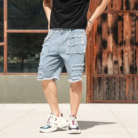 Herren Casual Denim Shorts Sommer Amerikanischer Streetwear Straight Fit Distressed Raw Edge Patch Denim Kurze Hose