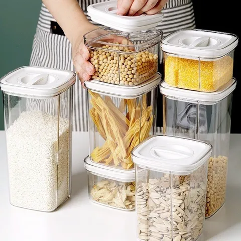 Square Plastic Food Storage Container Clear Sealed Jar Kitchen Airtight Canister For Noodle Spice And Grain