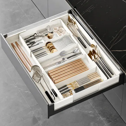 Retractable Kitchen Drawer Organizer Plastic Adjustable Cutlery Tray Silverware Storage Box For Spoon Fork