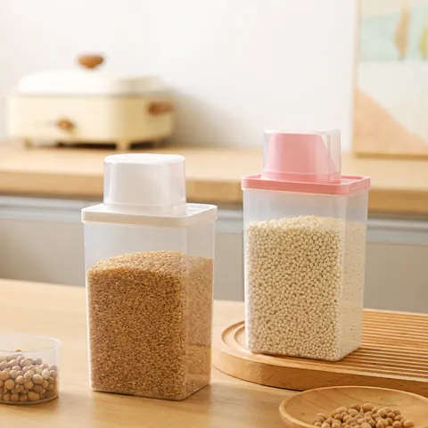 Household Plastic Sealed Grain Storage Tank With Measuring Cup Square Dry Food Organizer Container Kitchen Storage Canister