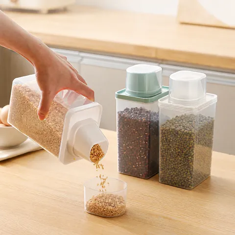 Household Plastic Sealed Grain Storage Tank With Measuring Cup Square Dry Food Organizer Container Kitchen Storage Canister