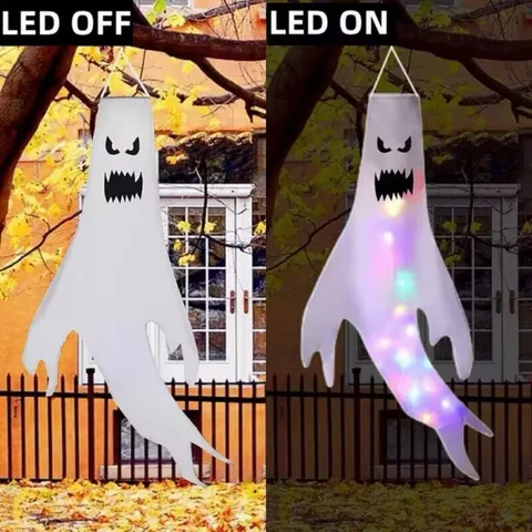 Halloween Hanging Glowing Ghost Windsock Outdoor Garden Tree Decoration With Multicolor LED Light Non-Woven Fabric Spooky Ghost Windsock For Yard Party Props