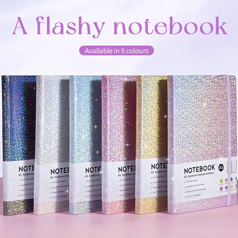 A5 Starry Glitter PU Leather Hardcover Dotted Notebook Elastic Band Pen Loop Diary Planner Agenda Business Stationery Journal