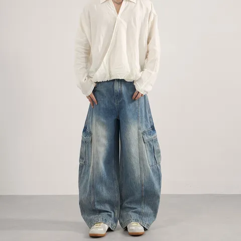Jean Cargo Baggy Lavé Vintage Homme Rétro Casual Ample Jambe Large Pantalon Denim Streetwear Unisexe