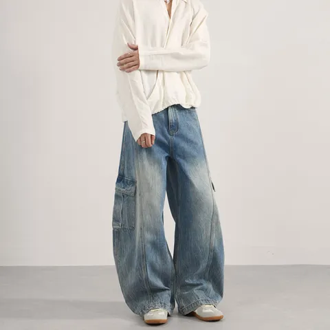 Jean Cargo Baggy Lavé Vintage Homme Rétro Casual Ample Jambe Large Pantalon Denim Streetwear Unisexe