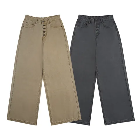 Men's American Retro Silk Straight Leg Casual Pants High Waist Button Fly Distressed Loose Trousers Unisex Streetwear Khaki Gray