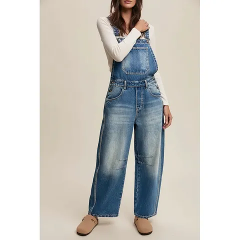 Women Casual Loose Denim Overalls Vintage Washed Blue High Street Wide Leg Denim Pants Baggy Jumpsuit Bottoms
