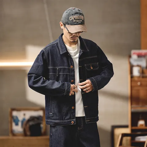 Herren Vintage Raw Denim Jacke Stitching Biker Stil Locker Passend Workwear Casual Oberbekleidung Top Für Teenager Und Erwachsene