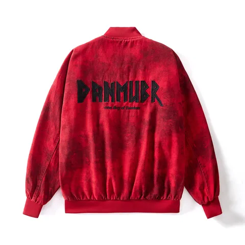 Giacca Bomber Casual in Cotone Lavato Vintage da Uomo Larga Manica Lunga Collo alla Coreana Bottone a Pressione Lettera Ricamata