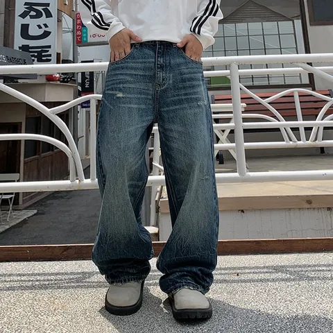 Men American Retro Washed Cat Whisker Loose Straight Leg Jeans Streetwear Baggy Wide Leg Denim Trousers Casual Hip Hop Pants