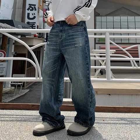 Men American Retro Washed Cat Whisker Loose Straight Leg Jeans Streetwear Baggy Wide Leg Denim Trousers Casual Hip Hop Pants
