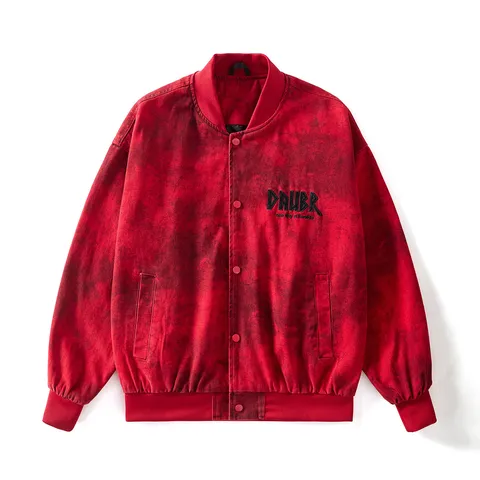 Giacca Bomber Casual in Cotone Lavato Vintage da Uomo Larga Manica Lunga Collo alla Coreana Bottone a Pressione Lettera Ricamata