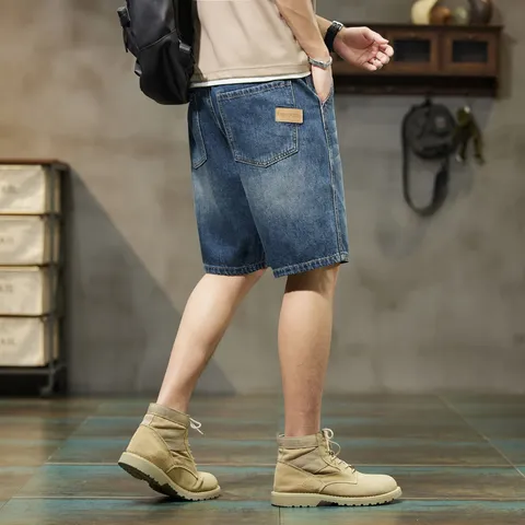 Men's Vintage Washed Denim Shorts Loose Fit Straight Leg Casual Five-Point Trousers Summer Retro Denim Pants