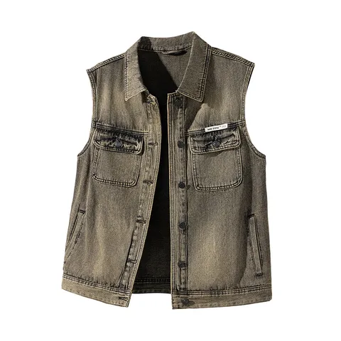 Men's American Vintage Washed Denim Vest Loose Casual Cargo Sleeveless Jacket