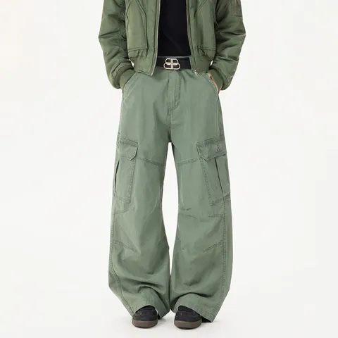 Men's Casual Cotton Loose Fit Straight Leg Multi-Pocket Cargo Pants Streetwear Vintage Trendy Trousers