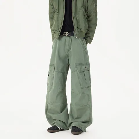 Men's Casual Cotton Loose Fit Straight Leg Multi-Pocket Cargo Pants Streetwear Vintage Trendy Trousers