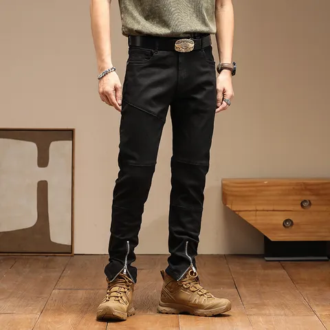 Pantalón Largo Skinny de Moto Slim Fit Retro de Moda para Hombre Pantalón Vaquero Casual Vaqueros Streetwear Negros con Parches de Cremallera