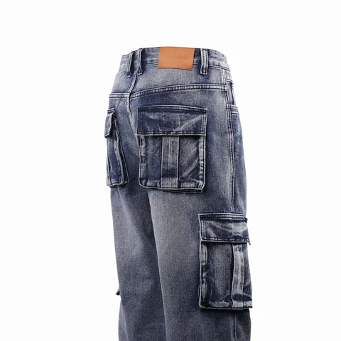 Men's Loose Fit Cargo Jeans Vintage Washed Denim Multi Pocket Straight Leg Streetwear Casual Long Trousers Plus Size