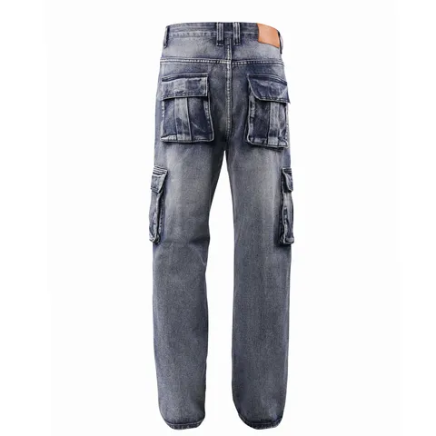 Men's Loose Fit Cargo Jeans Vintage Washed Denim Multi Pocket Straight Leg Streetwear Casual Long Trousers Plus Size