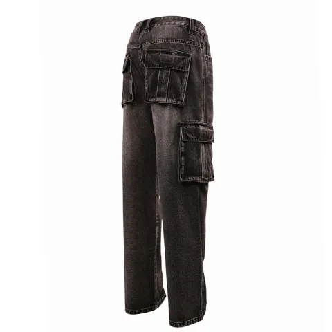 Men's Loose Wide Leg Cargo Jeans Casual Multi-Pocket Denim Pants Vintage Distressed Skateboard Streetwear Trousers