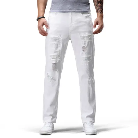 Herren Casual Jeanshose Gerade Rhinestone Distressed Patchwork Frühling Mode Lange Hose Für Männer