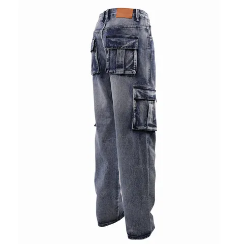 Men's Loose Wide Leg Cargo Jeans Casual Multi-Pocket Denim Pants Vintage Distressed Skateboard Streetwear Trousers