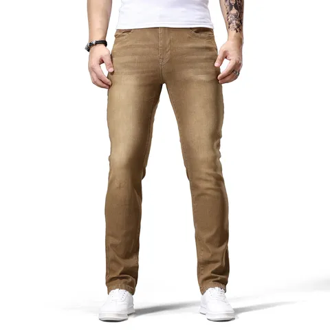 Jeans in Denim Casual Slim Fit con Gamba Dritta da Uomo Tinta Unita Classica Vita Media Pantaloni Lunghi Elastici per Primavera e Autunno