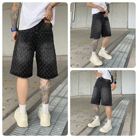 Men's American High Street Washed Printed Denim Shorts Casual Loose Straight Leg Distressed Ripped Bottoms Men Clothing
